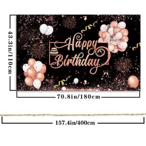 Rose Gold Happy Birthday Theme Fabric Sign Poster Banner Backdrop with Firework,Star,Balloons,Cakes Pattern for Brithday Photo Booth Background Party Decorations Supplies