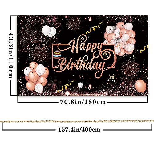 Rose Gold Happy Birthday Theme Fabric Sign Poster Banner Backdrop with Firework,Star,Balloons,Cakes Pattern for Brithday Photo Booth Background Party Decorations Supplies