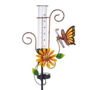hobyluby rain gauge outdoor, solar rain gauge with 6″ capacity glass butterfly for garden, lawn, yard decor