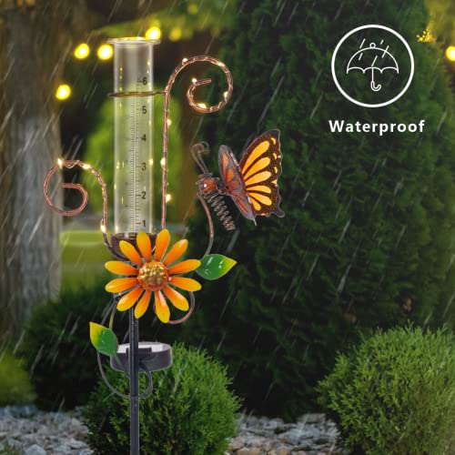 HOBYLUBY Rain Gauge Outdoor, Solar Rain Gauge with 6" Capacity Glass Butterfly for Garden, Lawn, Yard Decor