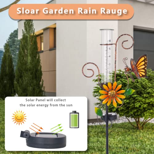 HOBYLUBY Rain Gauge Outdoor, Solar Rain Gauge with 6" Capacity Glass Butterfly for Garden, Lawn, Yard Decor