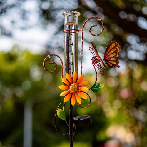 HOBYLUBY Rain Gauge Outdoor, Solar Rain Gauge with 6" Capacity Glass Butterfly for Garden, Lawn, Yard Decor