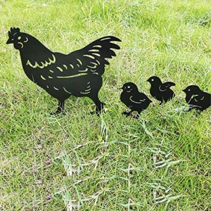 INCAUCA 4Pcs Metal Chicken Garden Stakes, Decorative Hen and Chicks Yard Stakes, Metal Animal Yard Decor, Chicken Art Silhouette Statue for Lawn Patio Gazon Outdoor Ornament