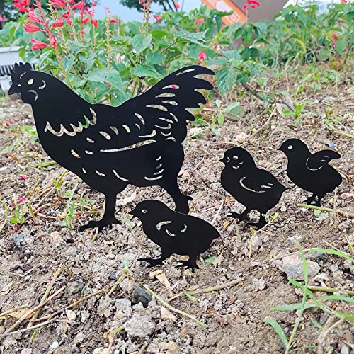 INCAUCA 4Pcs Metal Chicken Garden Stakes, Decorative Hen and Chicks Yard Stakes, Metal Animal Yard Decor, Chicken Art Silhouette Statue for Lawn Patio Gazon Outdoor Ornament