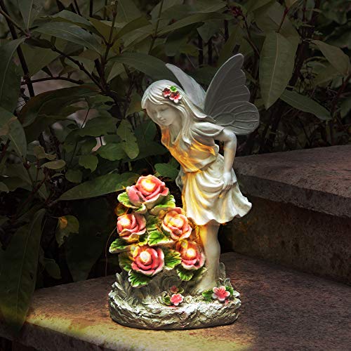 Voveexy Garden Figurines Angel Garden Statue Outdoor Decor, Solar Powered Resin Sculpture with 5 LEDs Art Decoration for Patio Lawn Yard Porch, Ornament Housewarming Garden Gift, 12.8 x 7.5 x 6.1 Inch