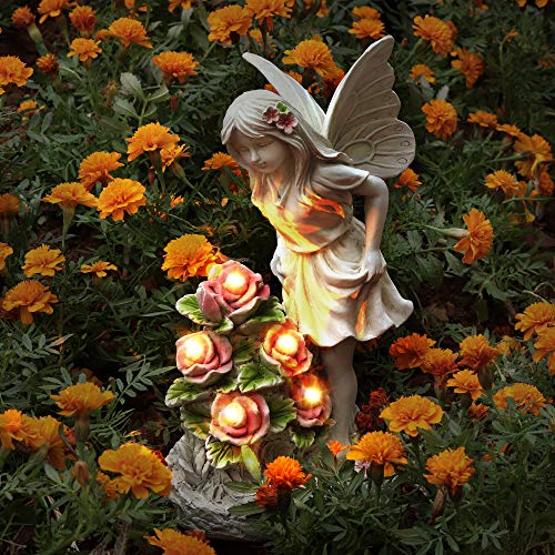 Voveexy Garden Figurines Angel Garden Statue Outdoor Decor, Solar Powered Resin Sculpture with 5 LEDs Art Decoration for Patio Lawn Yard Porch, Ornament Housewarming Garden Gift, 12.8 x 7.5 x 6.1 Inch