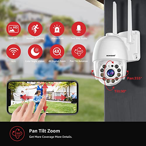 BOAVISION 5MP Security Camera Outdoor, Wireless WiFi IP Camera Home Security System 360° View,Motion Detection, auto Tracking,Two Way Talk,pan Tile Full Color Night Vision