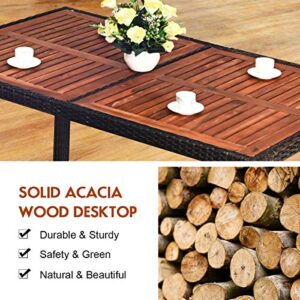 Tangkula 7 PCS Outdoor Patio Dining Set, Garden Dining Set w/Acacia Wood Table Top, Stackable Chairs with Soft Cushion, Poly Wicker Dining Table and Chairs Set (Brown)