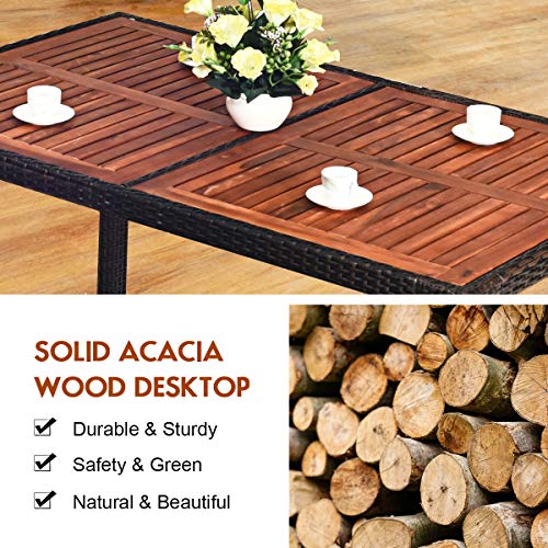 Tangkula 7 PCS Outdoor Patio Dining Set, Garden Dining Set w/Acacia Wood Table Top, Stackable Chairs with Soft Cushion, Poly Wicker Dining Table and Chairs Set (Brown)