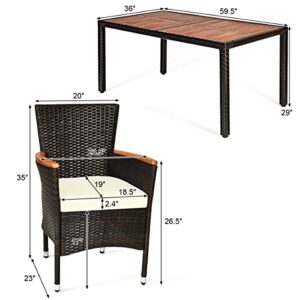 Tangkula 7 PCS Outdoor Patio Dining Set, Garden Dining Set w/Acacia Wood Table Top, Stackable Chairs with Soft Cushion, Poly Wicker Dining Table and Chairs Set (Brown)