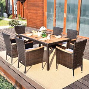 Tangkula 7 PCS Outdoor Patio Dining Set, Garden Dining Set w/Acacia Wood Table Top, Stackable Chairs with Soft Cushion, Poly Wicker Dining Table and Chairs Set (Brown)