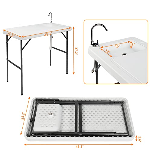 Outvita Fish Cleaning Table, Folding Portable Camping Table with Sink Stainless Steel Faucet Drainage Hose for Garden Patio Backyard BBQ White