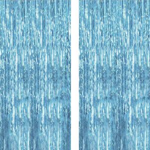twinkle star 2 pack photo booth backdrop foil curtain tinsel backdrop environmental background for birthday party, wedding, graduation, christmas decorations (light blue)