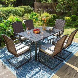 mixpatio outdoor patio dining set 7 pcs, 6 rattan c-spring motion chairs with padded removable sponge cushion & metal dining table, patio furniture set for lawn, garden, yards, poolside
