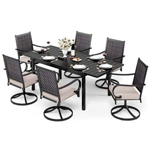 mixpatio outdoor patio dining set 7 pcs, patio dining table chair, 6 rattan swivel chairs with cushions and 1 metal rectangular dining table (expandable), for lawn, garden, yards, poolside