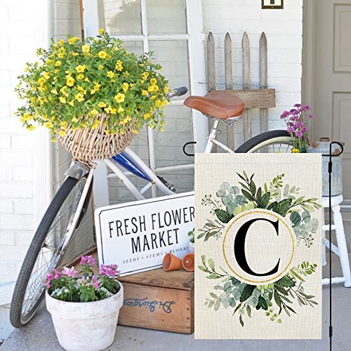 CROWNED BEAUTY Monogram Letter C Garden Flag Floral 12x18 Inch Double Sided for Outside Small Burlap Family Last Name Initial Yard Flag CF765-12