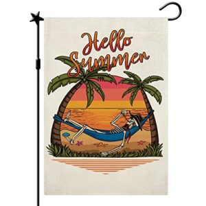 cmegke hello summer garden flag cool skull skeleton summer yard flag pool signs summer garden flag beach party vertical double sided burlap party holiday yard home farmhouse outside decor 12.5 x 18 in