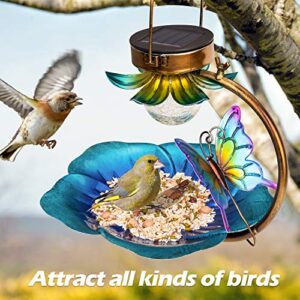 Birdream Solar Bird Feeder for Outside Hanging Wild Birdfeeders Seed Tray Outdoor Solar Powered Garden Light Metal Butterfly Decorative LED Landscape Lighting Waterproof 9.5 Inch Dia for Yard