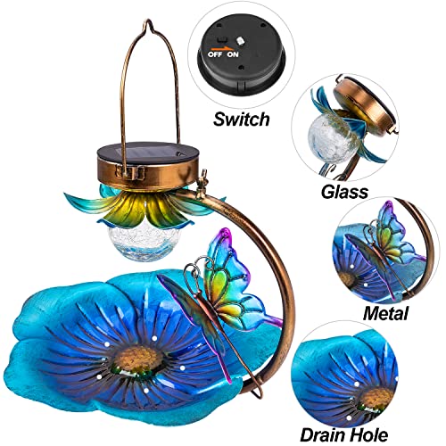 Birdream Solar Bird Feeder for Outside Hanging Wild Birdfeeders Seed Tray Outdoor Solar Powered Garden Light Metal Butterfly Decorative LED Landscape Lighting Waterproof 9.5 Inch Dia for Yard