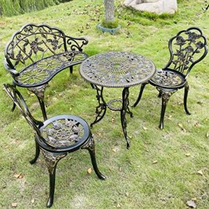 kai li 4-piece balcony tables and chairs, 1 table, 2 round chairs and 1 bench, metal cast aluminum, bistro suit, garden bench, rose pattern (bronzed)