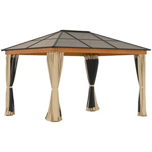 outsunny 10′ x 12′ hardtop gazebo canopy with polycarbonate roof, wood grain aluminum frame, permanent pavilion outdoor gazebo with netting and curtains for patio, garden, backyard