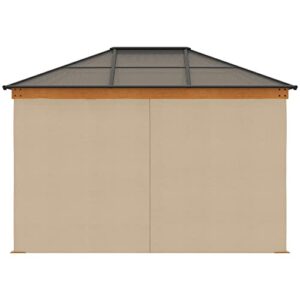 Outsunny 10' x 12' Hardtop Gazebo Canopy with Polycarbonate Roof, Wood Grain Aluminum Frame, Permanent Pavilion Outdoor Gazebo with Netting and Curtains for Patio, Garden, Backyard