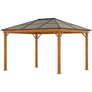 Outsunny 10' x 12' Hardtop Gazebo Canopy with Polycarbonate Roof, Wood Grain Aluminum Frame, Permanent Pavilion Outdoor Gazebo with Netting and Curtains for Patio, Garden, Backyard