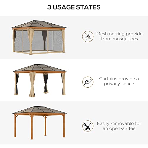 Outsunny 10' x 12' Hardtop Gazebo Canopy with Polycarbonate Roof, Wood Grain Aluminum Frame, Permanent Pavilion Outdoor Gazebo with Netting and Curtains for Patio, Garden, Backyard