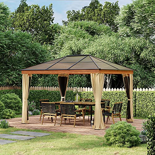 Outsunny 10' x 12' Hardtop Gazebo Canopy with Polycarbonate Roof, Wood Grain Aluminum Frame, Permanent Pavilion Outdoor Gazebo with Netting and Curtains for Patio, Garden, Backyard