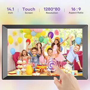 BIGASUO 14.1 Inch Large Digital Picture Frame with 1280x800 IPS HD Touchscreen, Built-in 16GB Storage WiFi Smart Photo Frame, Share Photos and Videos Remotely via APP, Auto-Rotate, Wall- Mountable