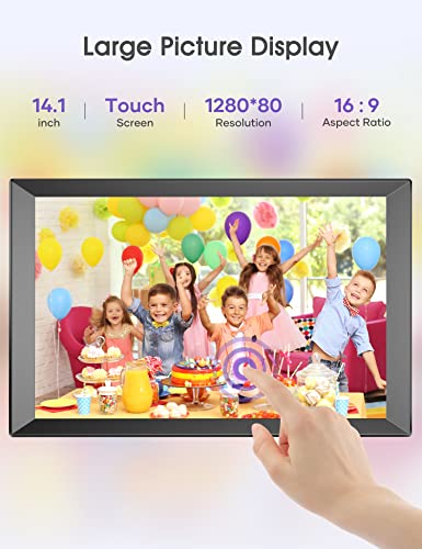 BIGASUO 14.1 Inch Large Digital Picture Frame with 1280x800 IPS HD Touchscreen, Built-in 16GB Storage WiFi Smart Photo Frame, Share Photos and Videos Remotely via APP, Auto-Rotate, Wall- Mountable