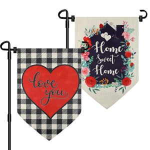 2 pieces valentine’s day garden flag home sweet home wedding flower welcome garden flag buffalo plaid heart house flag double sided love yard flag for holiday outdoor decoration, 12.5 x 18.5 inches