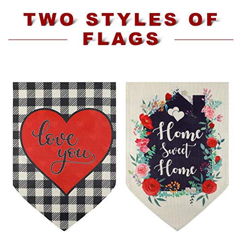 2 Pieces Valentine's Day Garden Flag Home Sweet Home Wedding Flower Welcome Garden Flag Buffalo Plaid Heart House Flag Double Sided Love Yard Flag for Holiday Outdoor Decoration, 12.5 x 18.5 Inches