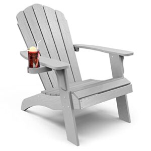 yefu oversized plastic adirondack chair with cup-holder (large dual-purpose), weather resistant, poly lumber outdoor chairs duty rating widely used in patio, lawn, outside, deck, garden chairs-grey