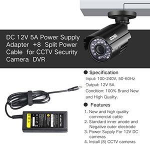 DC 12V 5A Power Supply Adapter with 8 Splitter Power Cable for Security Camera CCTV DVR Surveillance System