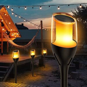 eleclink solar outdoor decorations, 6 pack solar torch lights with 360° dancing flickering flame & clear lampshade for yard decorations outdoor waterproof solar garden lights for pathway festival