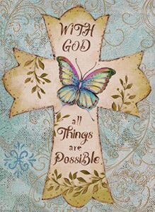 dyrenson decorative 28 x 40 religious house flag cross double sided christian faith, with god all things are possible burlap yard decoration, butterfly outdoor décor large flag spring summer easter