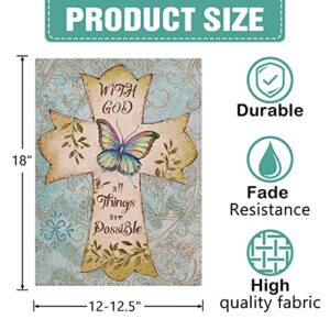 Dyrenson Decorative 28 x 40 Religious House Flag Cross Double Sided Christian Faith, with God All Things are Possible Burlap Yard Decoration, Butterfly Outdoor Décor Large Flag Spring Summer Easter