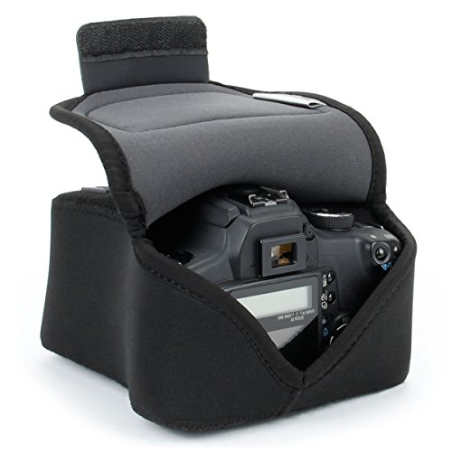 USA GEAR DSLR Camera Sleeve with Neoprene Protection, Holster Belt Loop and Accessory Storage - Compatible with Canon EOS Rebel T7, T8, SL3, R7, 4000D, Nikon D3400, Pentax K-70 and Many More (Black)