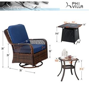 PHI VILLA 4 Piece Outdoor Swivel Rocker Chairs Set with Propane Fire Pit Table Rattan Patio Furniture Conversation Set Support 350lbs with 2 Rocking & Swivel Chairs, 1 Coffee Table & 1 Fire Pit Table