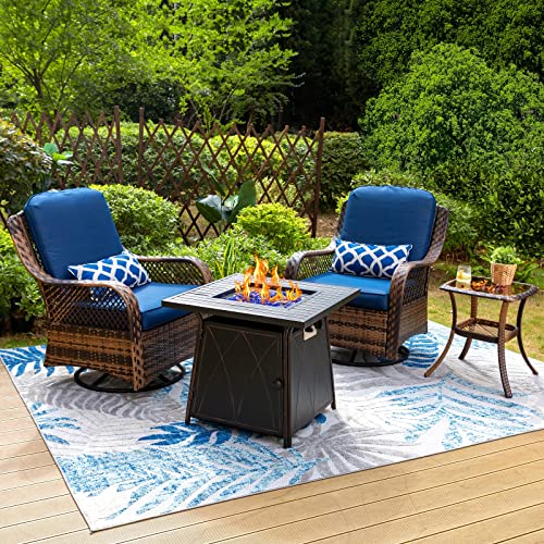 PHI VILLA 4 Piece Outdoor Swivel Rocker Chairs Set with Propane Fire Pit Table Rattan Patio Furniture Conversation Set Support 350lbs with 2 Rocking & Swivel Chairs, 1 Coffee Table & 1 Fire Pit Table