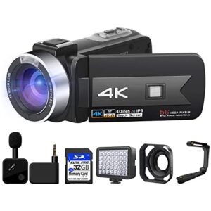 Video Camera 4K Camcorder 56MP Video with Wireless Microphone 16× Digital Zoom Digital Camera YouTube Camera 3’’ Touch Screen with 2.4G Remote Control, 32G SD Card