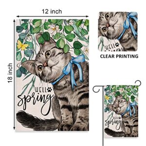 Covido Hello Spring Cat Decorative Garden Flag, Cute Kitty Gardenia Yard Outside Decorations, Farmhouse Outdoor Small Home Decor Double Sided 12 x 18