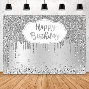 aperturee 7x5ft silver happy birthday backdrop glitter diamonds girls sweet 16 18th 21st 30th 40th 50th women photography background banner supplies photo booth studio props party decoration