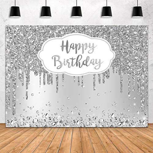 Aperturee 7x5ft Silver Happy Birthday Backdrop Glitter Diamonds Girls Sweet 16 18th 21st 30th 40th 50th Women Photography Background Banner Supplies Photo Booth Studio Props Party Decoration