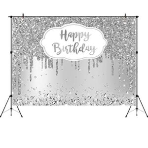 Aperturee 7x5ft Silver Happy Birthday Backdrop Glitter Diamonds Girls Sweet 16 18th 21st 30th 40th 50th Women Photography Background Banner Supplies Photo Booth Studio Props Party Decoration