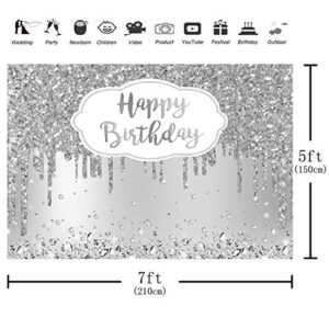 Aperturee 7x5ft Silver Happy Birthday Backdrop Glitter Diamonds Girls Sweet 16 18th 21st 30th 40th 50th Women Photography Background Banner Supplies Photo Booth Studio Props Party Decoration