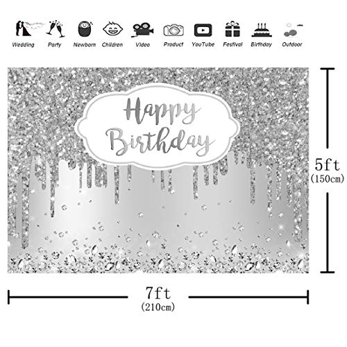 Aperturee 7x5ft Silver Happy Birthday Backdrop Glitter Diamonds Girls Sweet 16 18th 21st 30th 40th 50th Women Photography Background Banner Supplies Photo Booth Studio Props Party Decoration