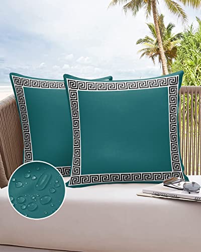 Turquoise Outdoor Pillow Covers 18 x 18 Inches, Black Modern Geometric Abstract Art Aesthetics Waterproof Throw Pillow Cover Set of 2, Home Decorative Square Cushion Covers for Patio/Tent/Couch/Garden