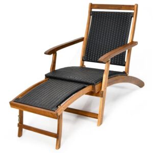 relax4life patio chaise lounge chair – acacia wood folding rattan wicker chair w/retractable footrest, space-saving ergonomic deck chair for garden, poolside, patio